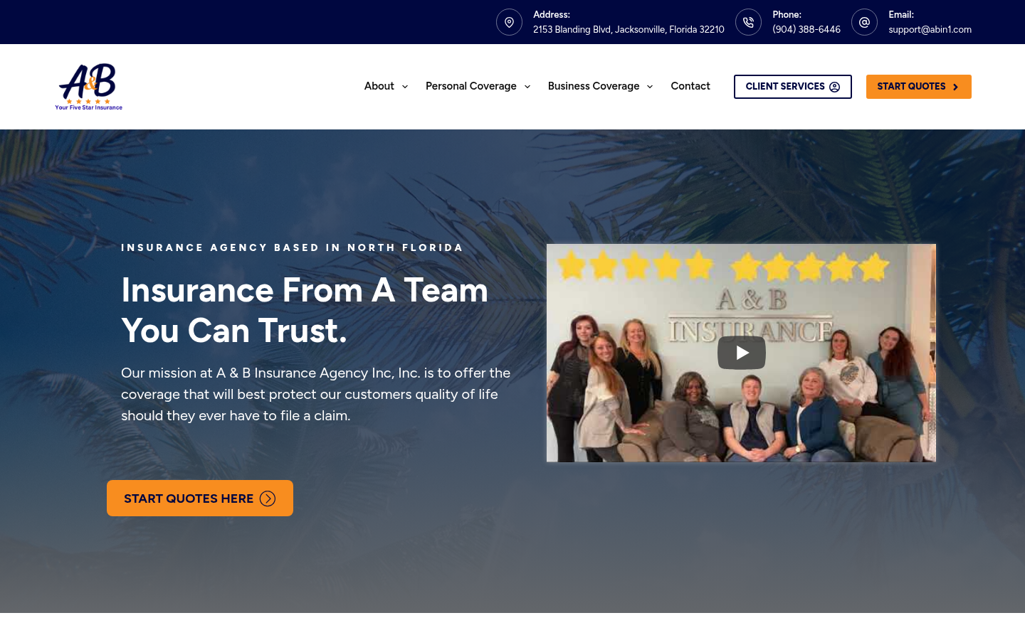 A & B Insurance Agency website homepage, Jacksonville, FL