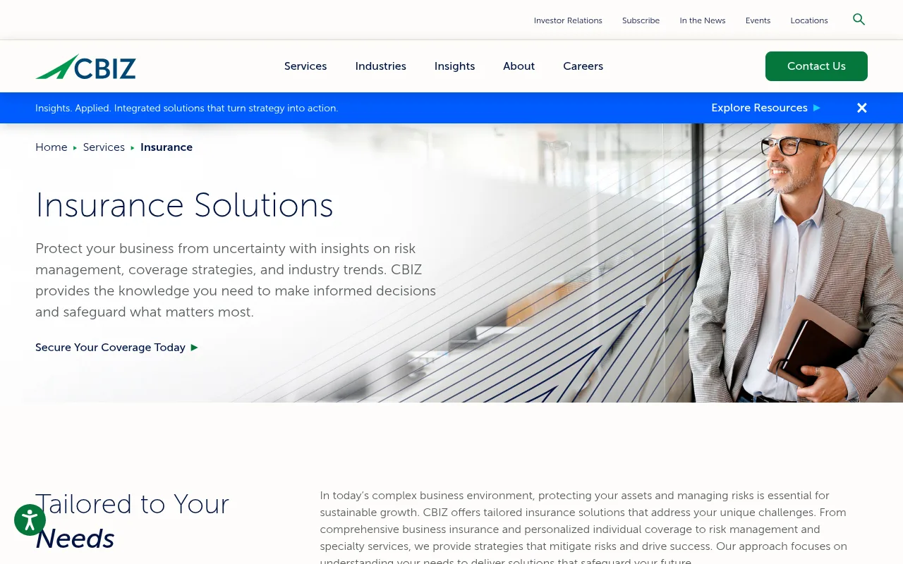 CBIZ Insurance Services website homepage, Cleveland, OH