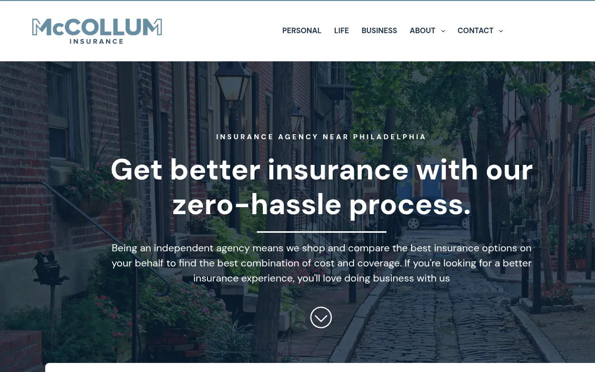 McCollum Insurance Agency website homepage, Philadelphia, PA