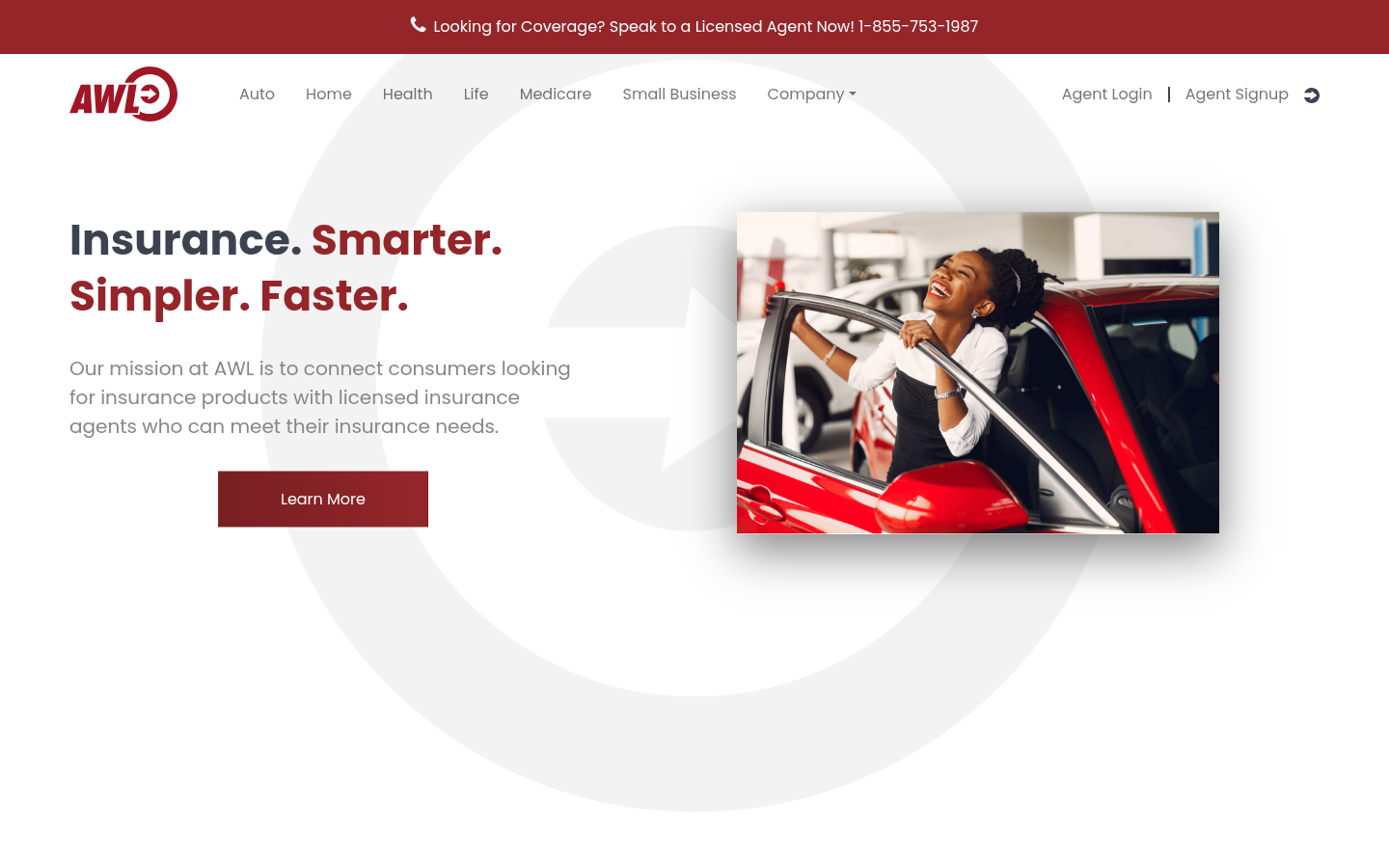 AWL Insurance Agency website homepage, Austin, TX