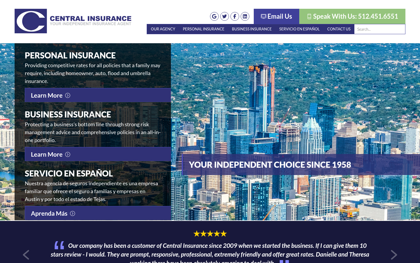 Central Insurance Agency website homepage, Austin, TX