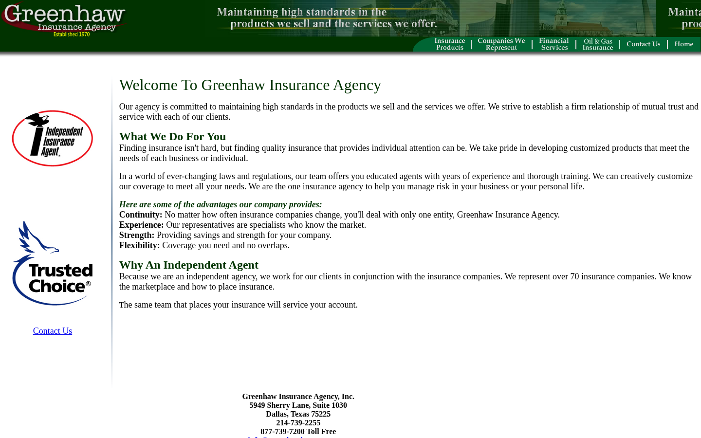 Greenhaw Insurance Agency website homepage, Dallas, TX