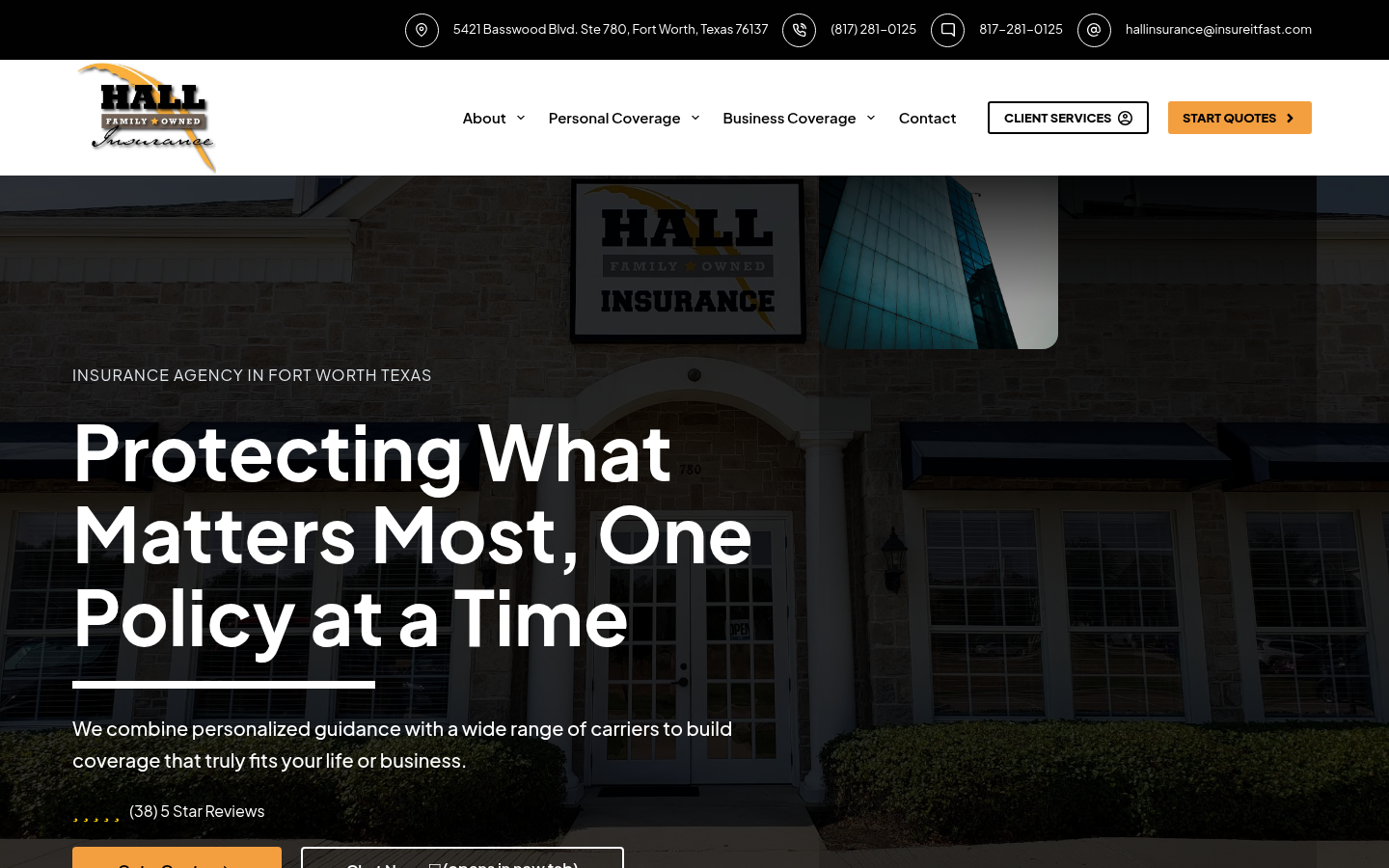 Hall Insurance Agency website homepage, Fort Worth, TX