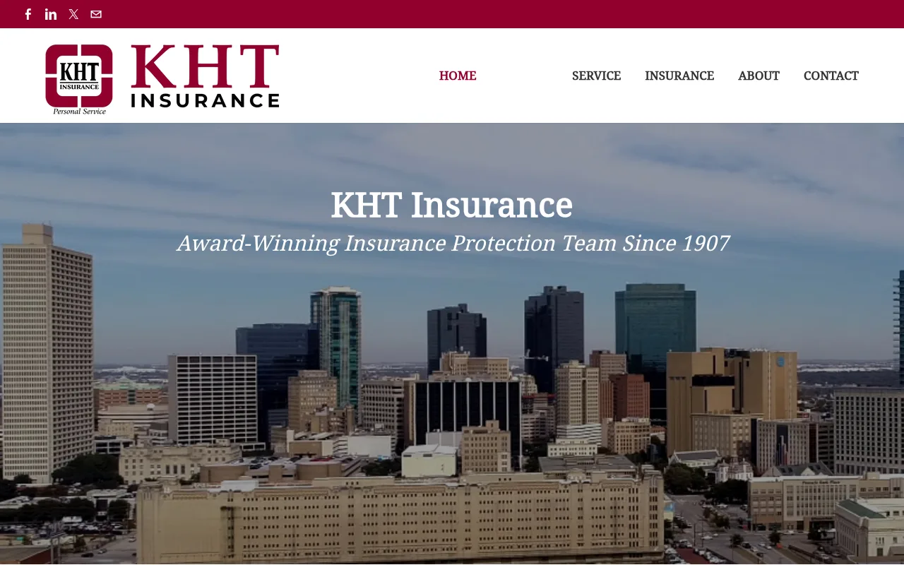 KHT Insurance website homepage, Fort Worth, TX