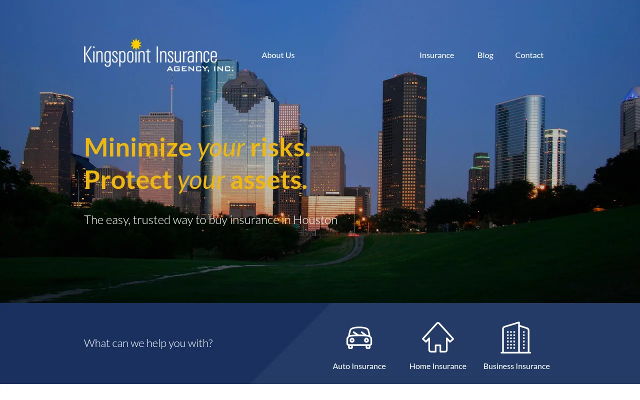Kingspoint Insurance Agency website homepage, Houston, TX