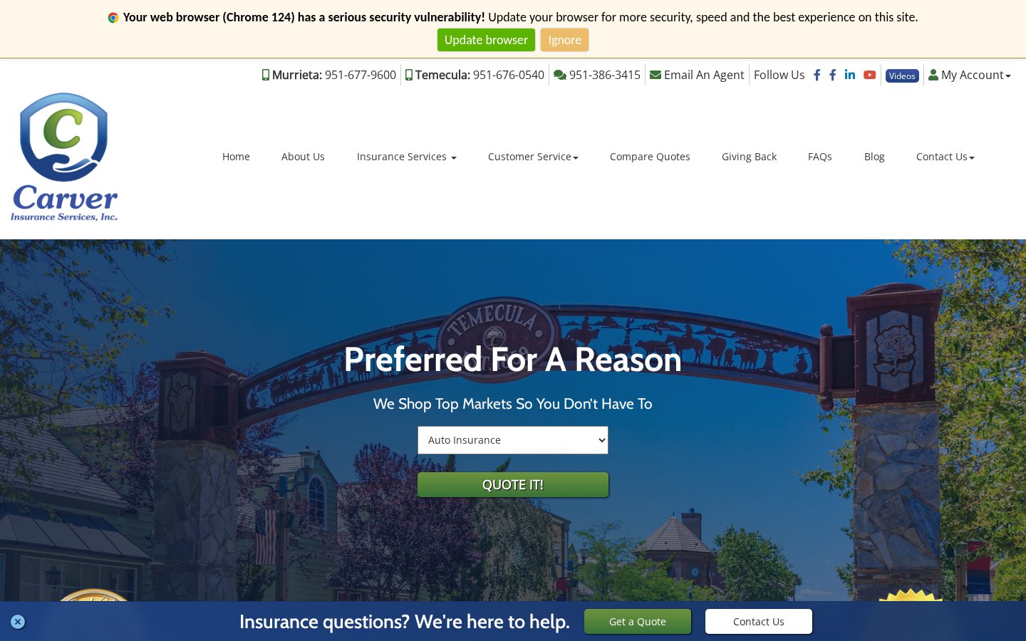 Carver Insurance Services website homepage, Temecula, CA