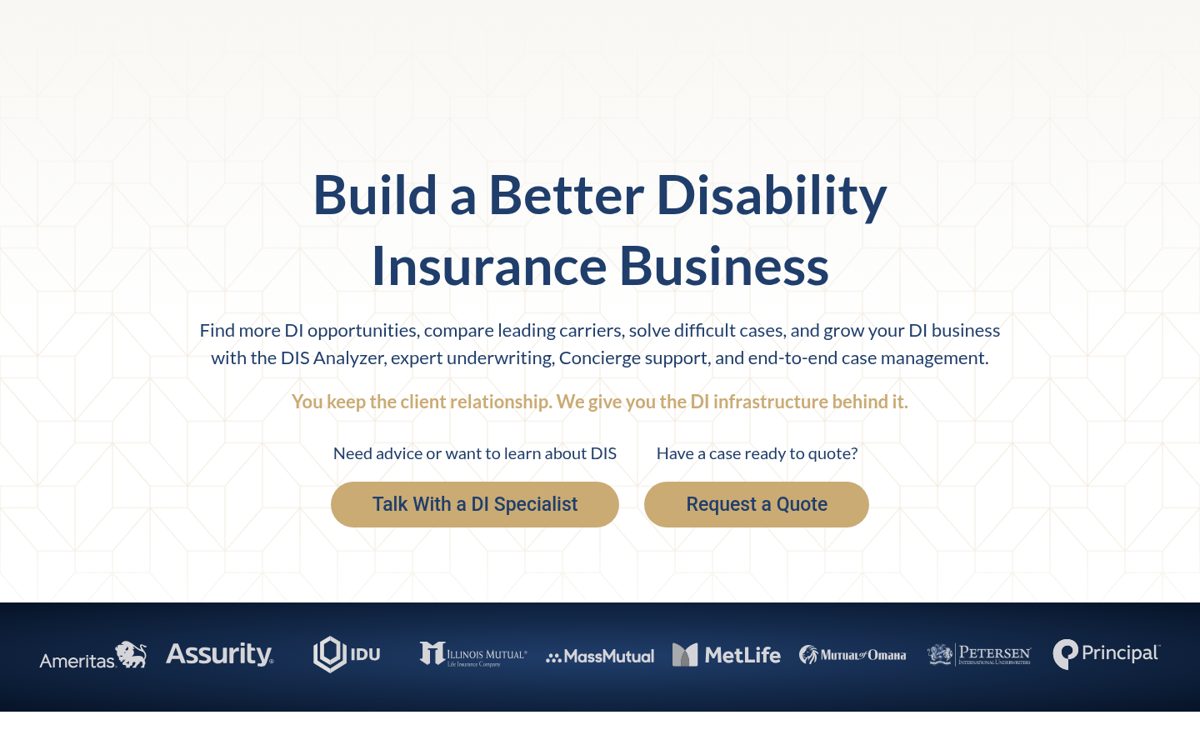 Disability Insurance Services website homepage, San Diego, CA