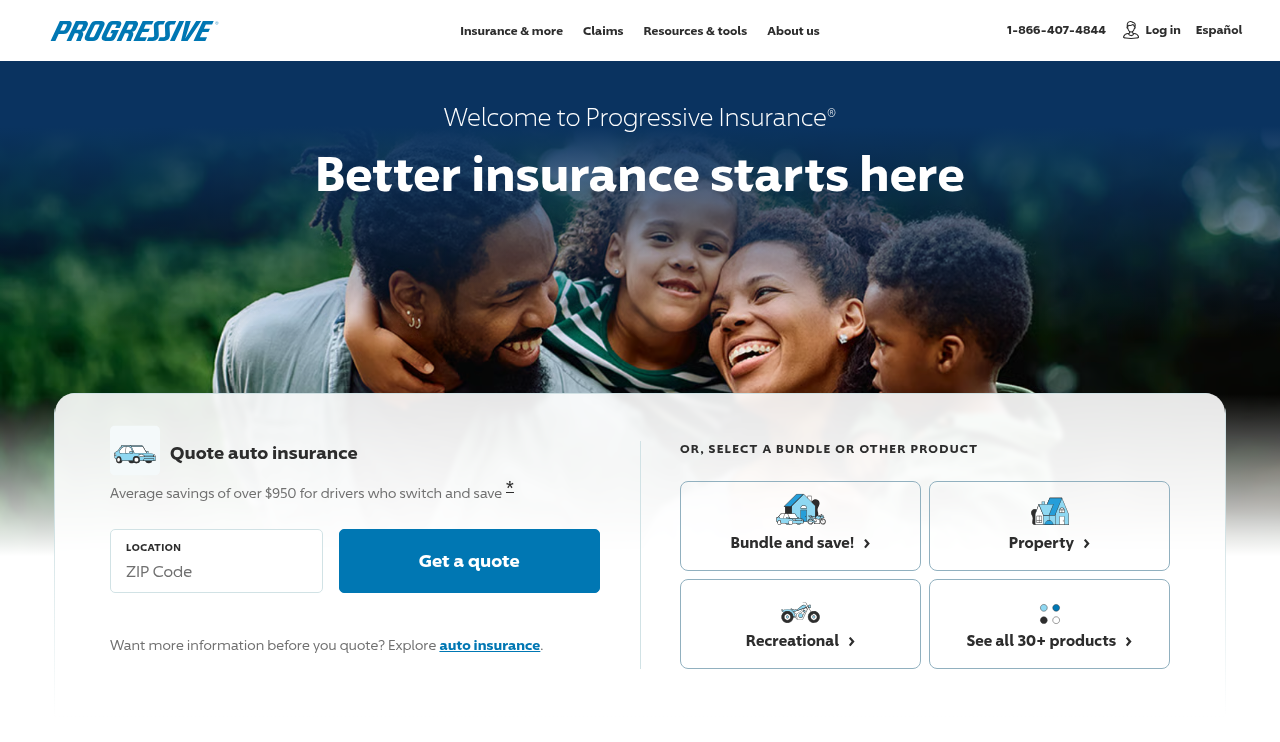 Progressive website homepage, Mayfield Village, OH