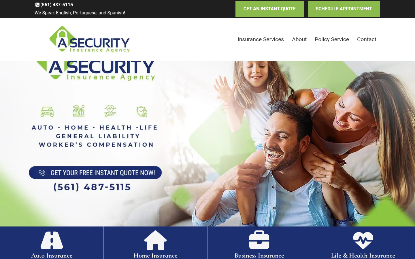 A Security Insurance Agency website homepage, Boca Raton, FL