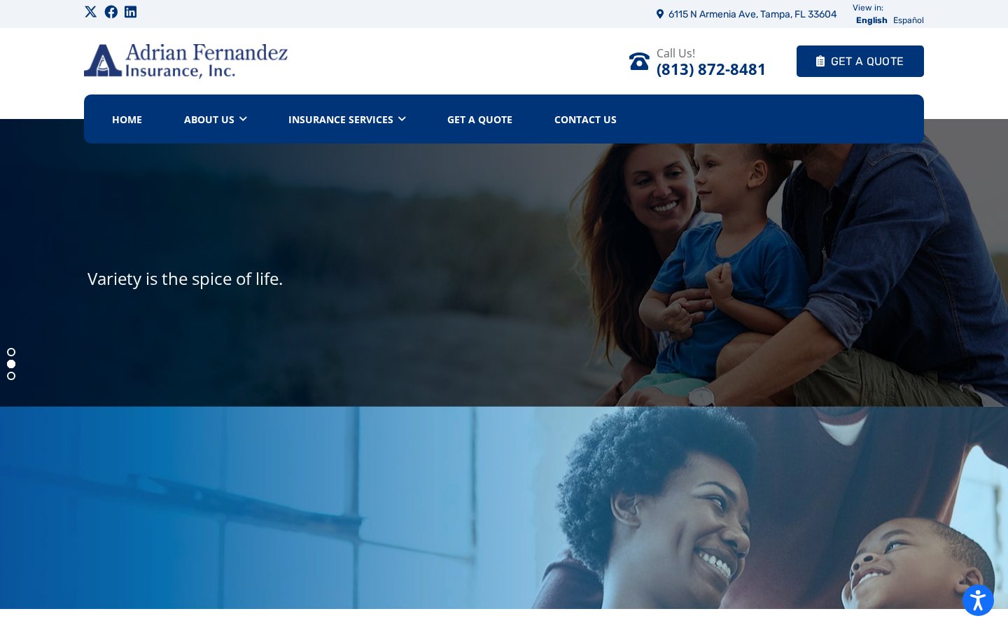Adrian Fernandez Insurance, Inc. website homepage, Tampa, FL
