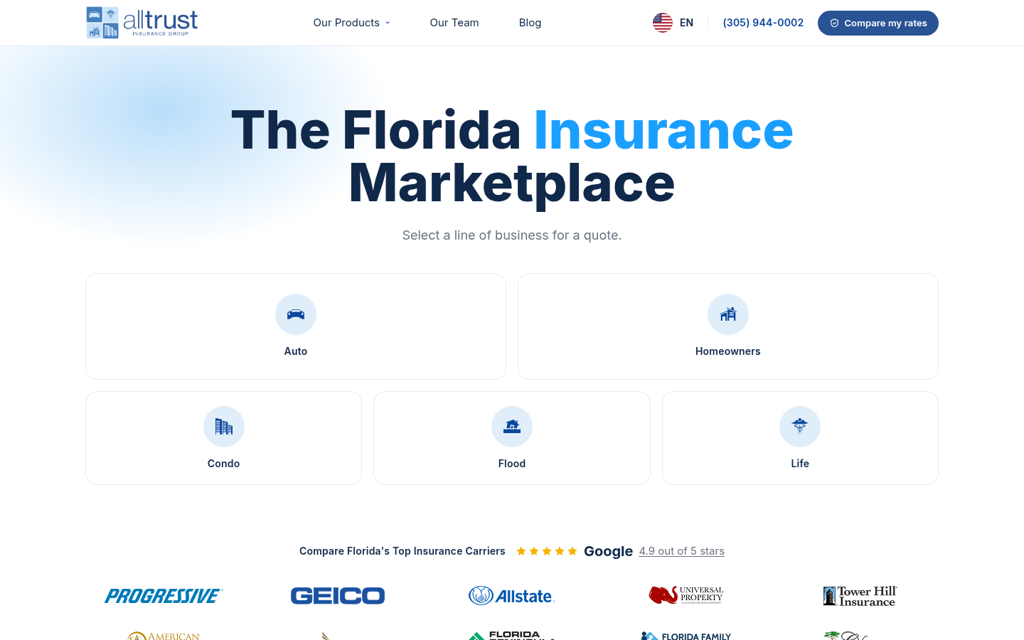 AllTrust Insurance Group website homepage, Sunny Isles Beach, FL