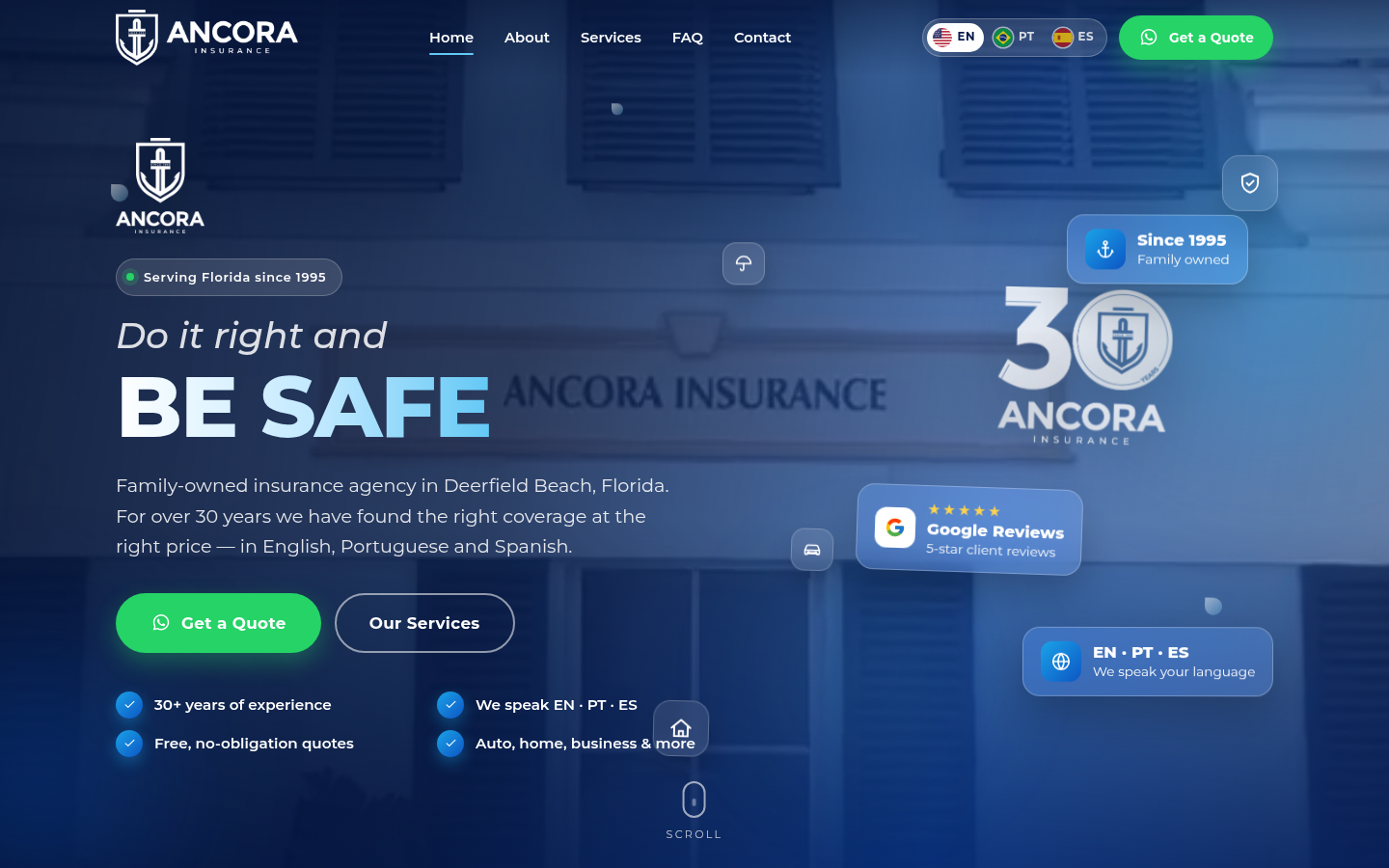 Ancora Insurance Agency website homepage, Deerfield Beach, FL