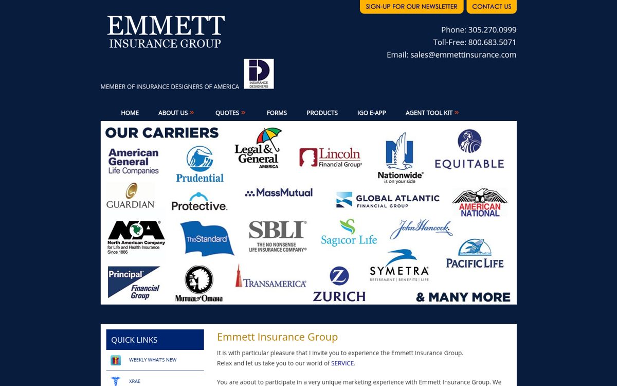 Emmett Insurance website homepage, Miami, FL