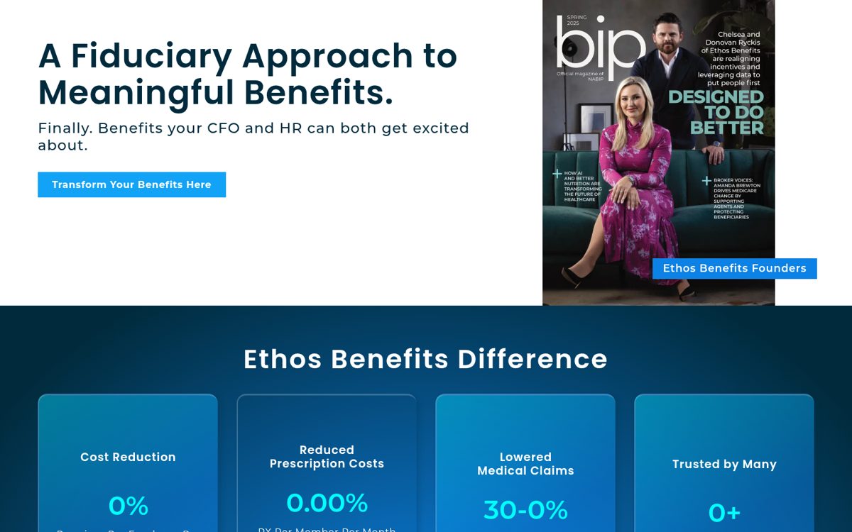 Ethos Benefits website homepage, Orlando, FL