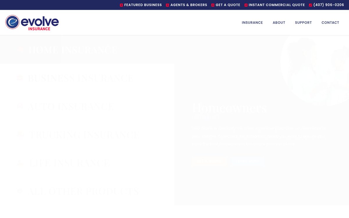 Evolve Insurance Group website homepage, Orlando, FL