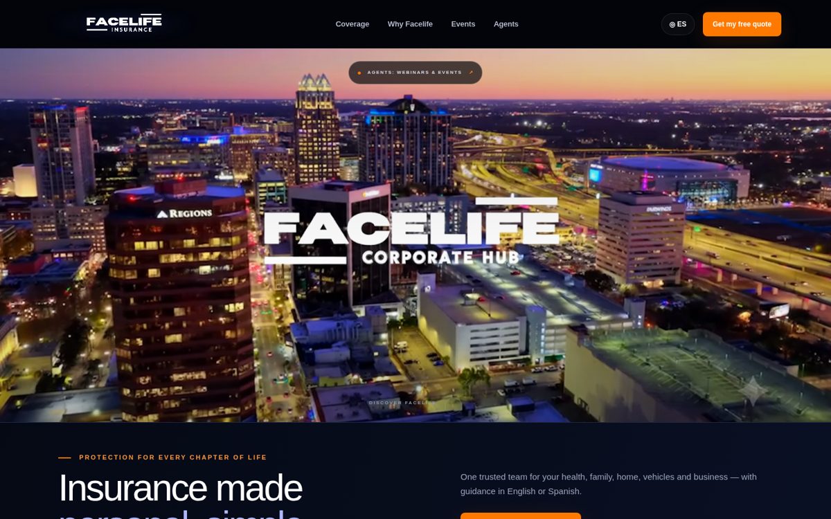 Facelife Insurance website homepage, Orlando, FL