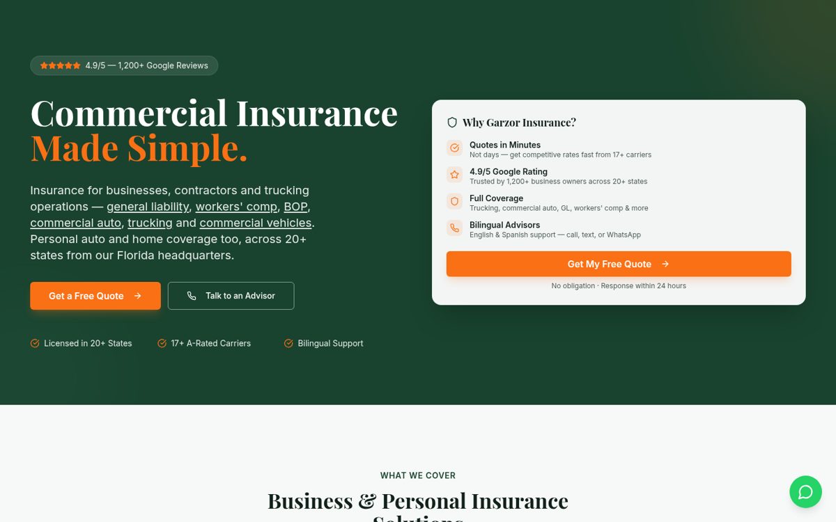 Garzor Insurance website homepage, Orlando, FL