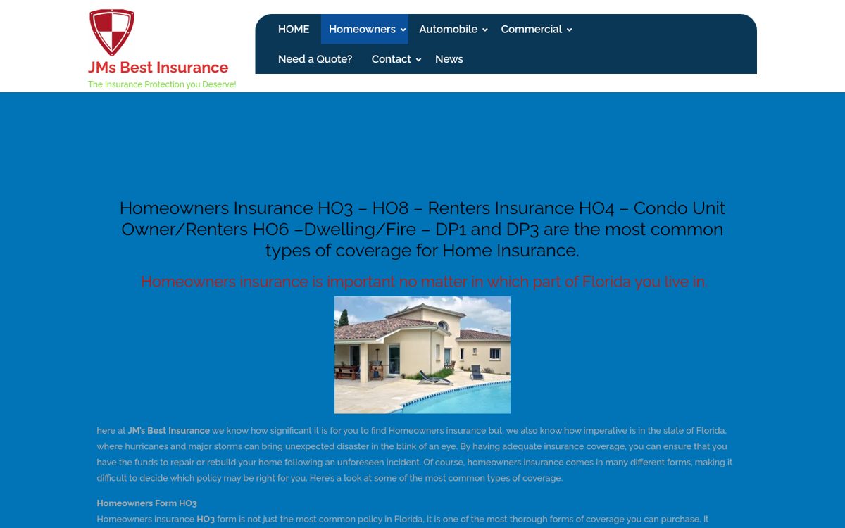 JMs Best Insurance website homepage, Miami, FL