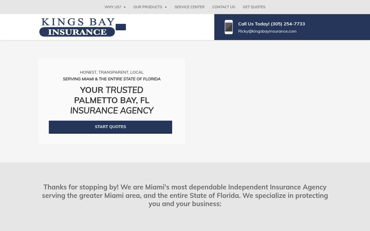 Kings Bay Insurance website homepage, Miami, FL