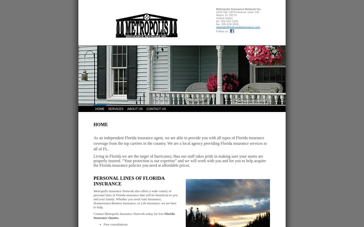 Metropolis Insurance Network Inc. website homepage, Miami, FL