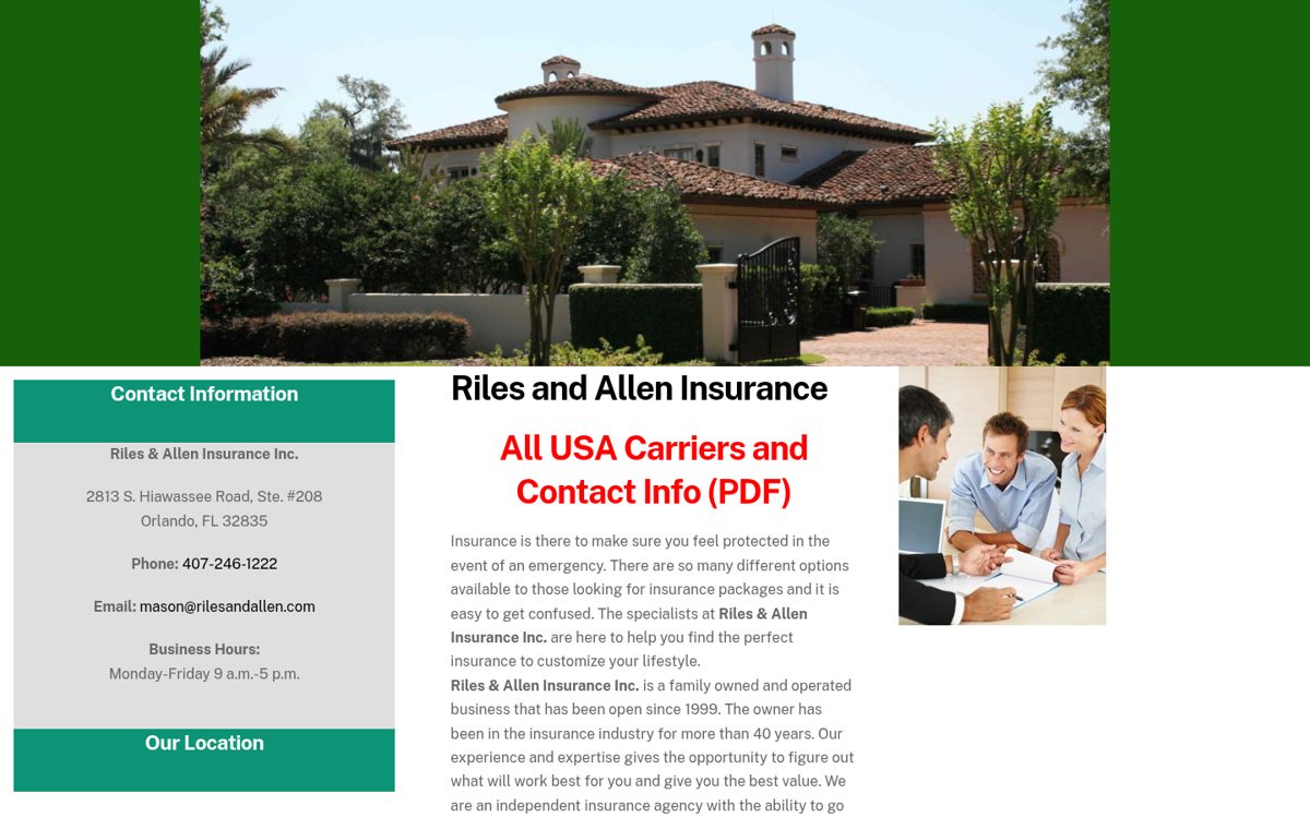Riles and Allen Insurance website homepage, Orlando, FL