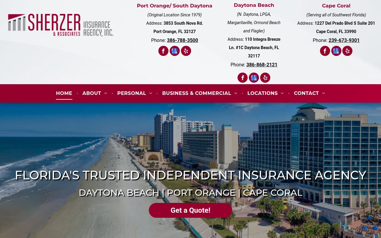 Sherzer Insurance website homepage, Daytona Beach, FL