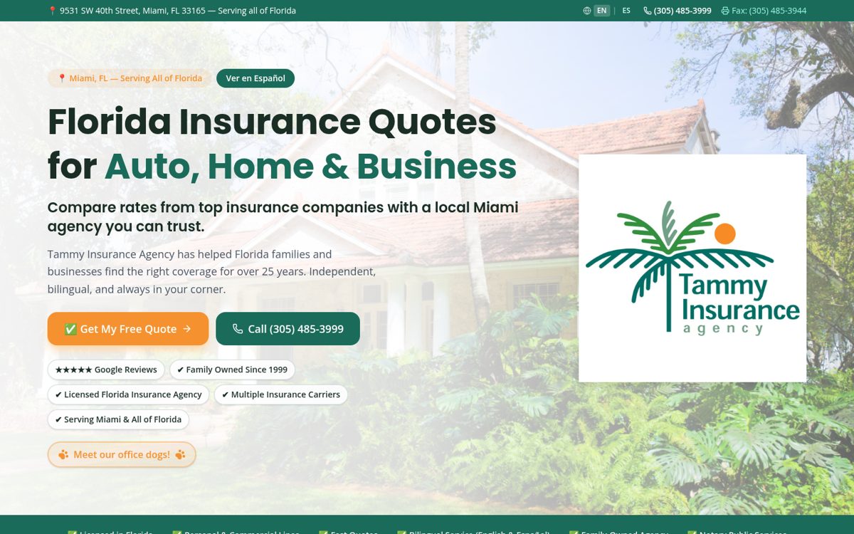Tammy Insurance Agency website homepage, Miami, FL