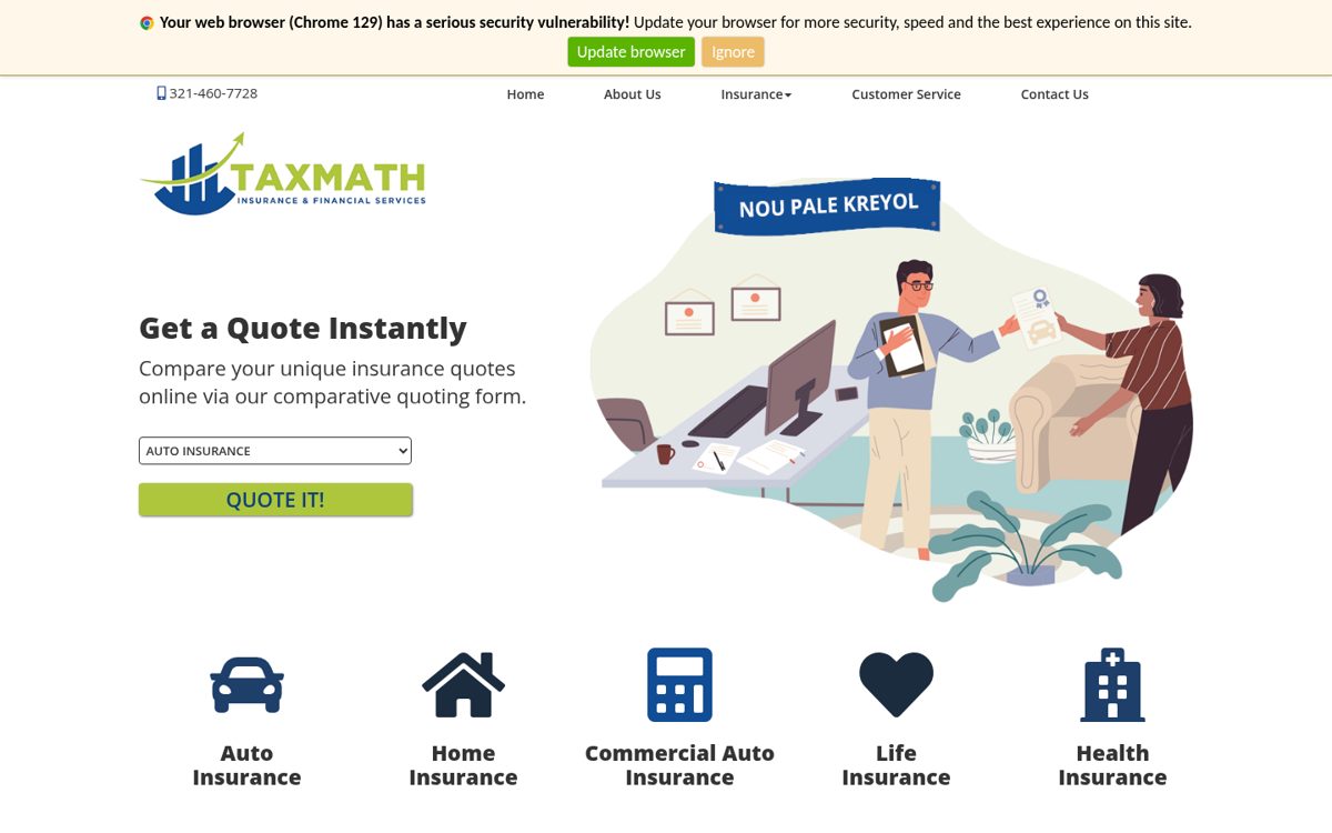 Taxmath Insurance website homepage, Orlando, FL