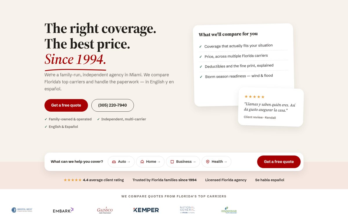 Total Insurance Systems, Inc. website homepage, Miami, FL