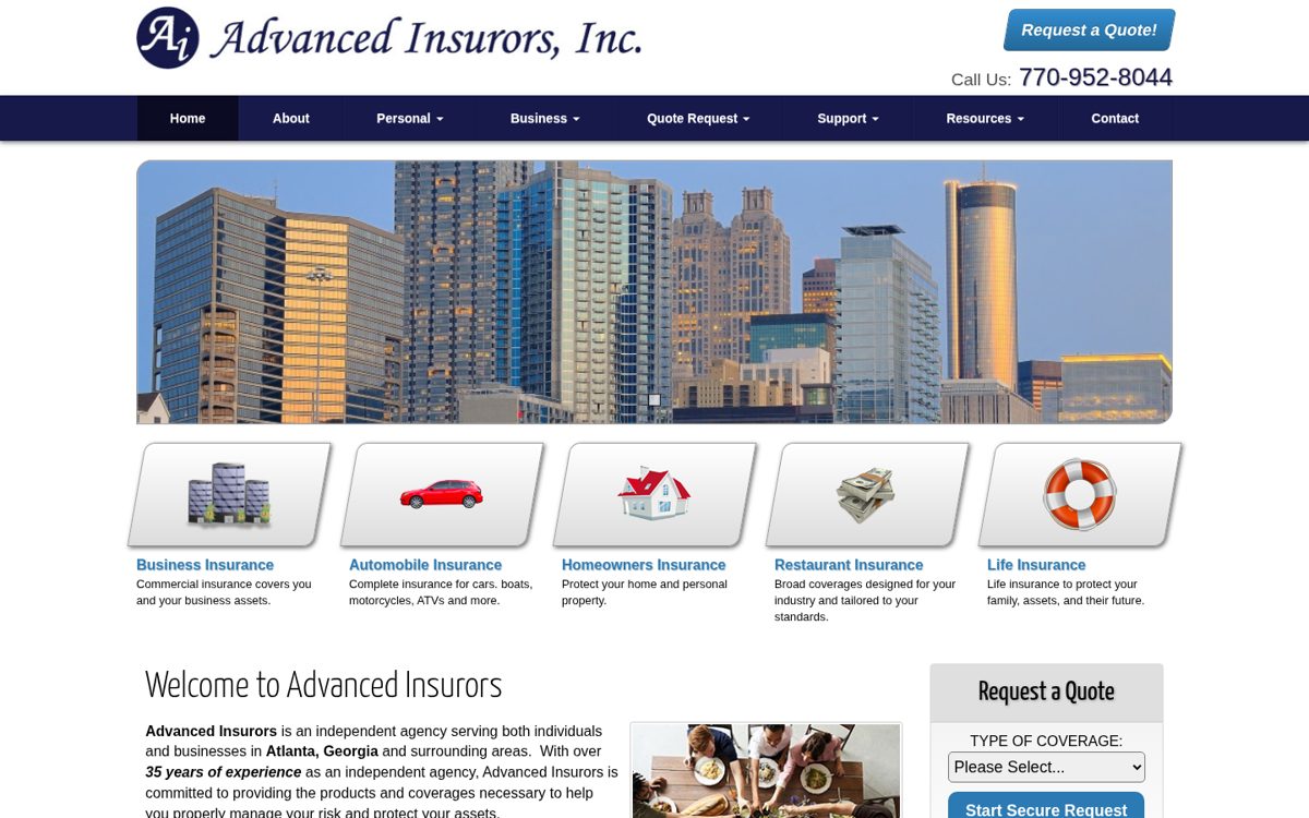 Advanced Insurors website homepage, Atlanta, GA