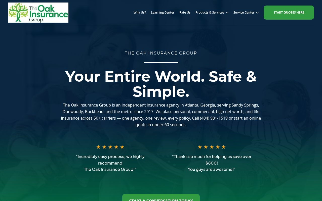 The Oak Insurance Group website homepage, Sandy Springs, GA