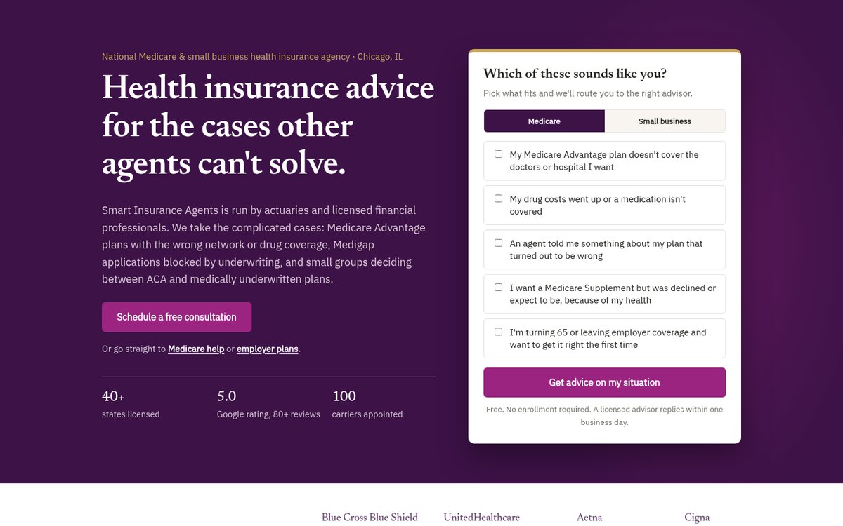 Smart Insurance Agents website homepage, Chicago, IL