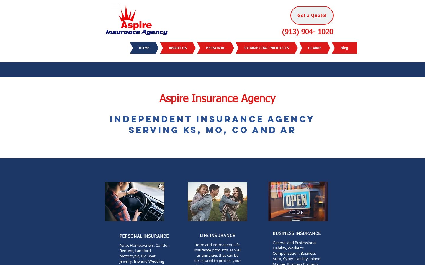 Aspire Insurance Agency website homepage, Overland Park, KS