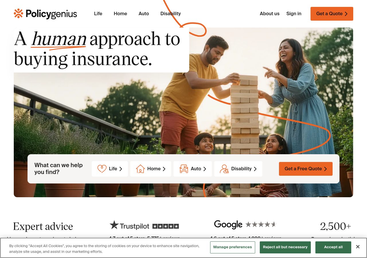 Website preview for Policygenius LLC