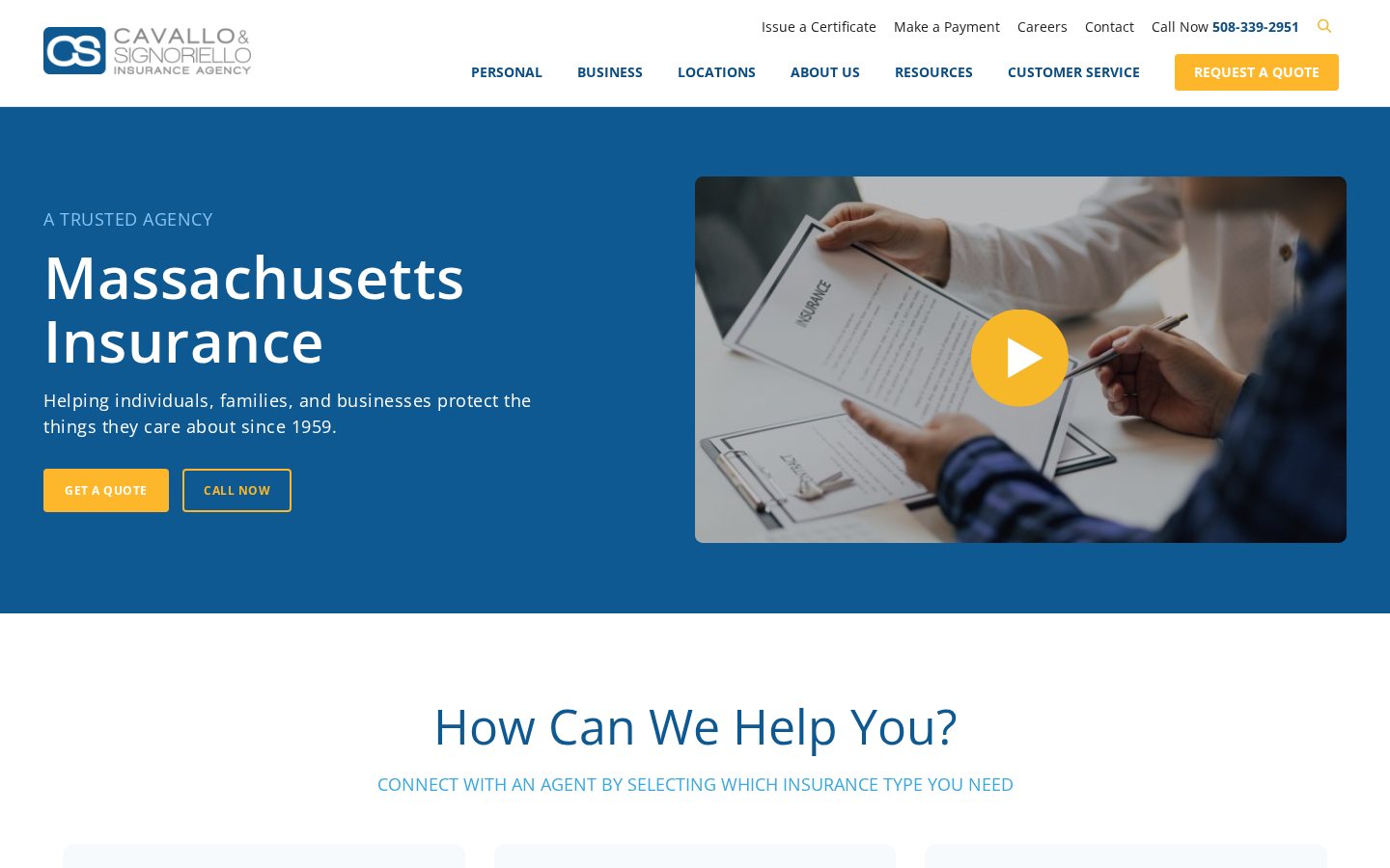 C&S Insurance website homepage, Dedham, MA