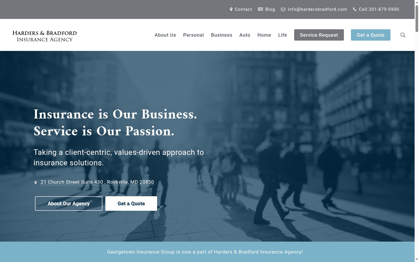 Harders & Bradford Insurance Agency website homepage, North Bethesda, MD