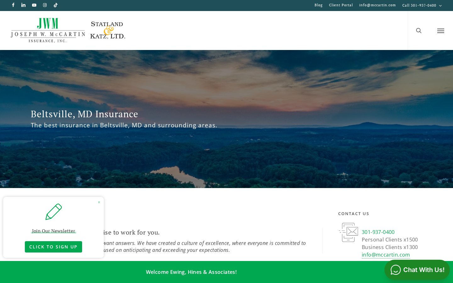 Joseph W. McCartin Insurance, Inc. website homepage, Beltsville, MD
