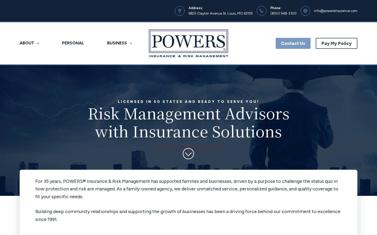 Powers Insurance & Risk Management website homepage, St. Louis, MO