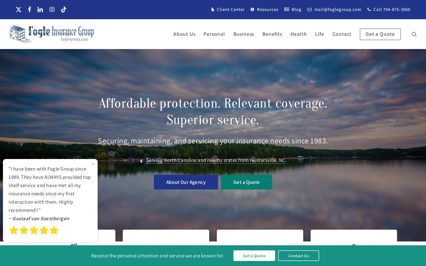 Fogle Insurance Group website homepage, Huntersville, NC