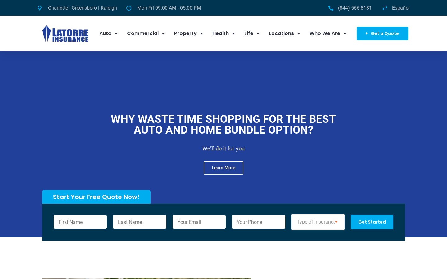 Latorre Insurance website homepage, Charlotte, NC