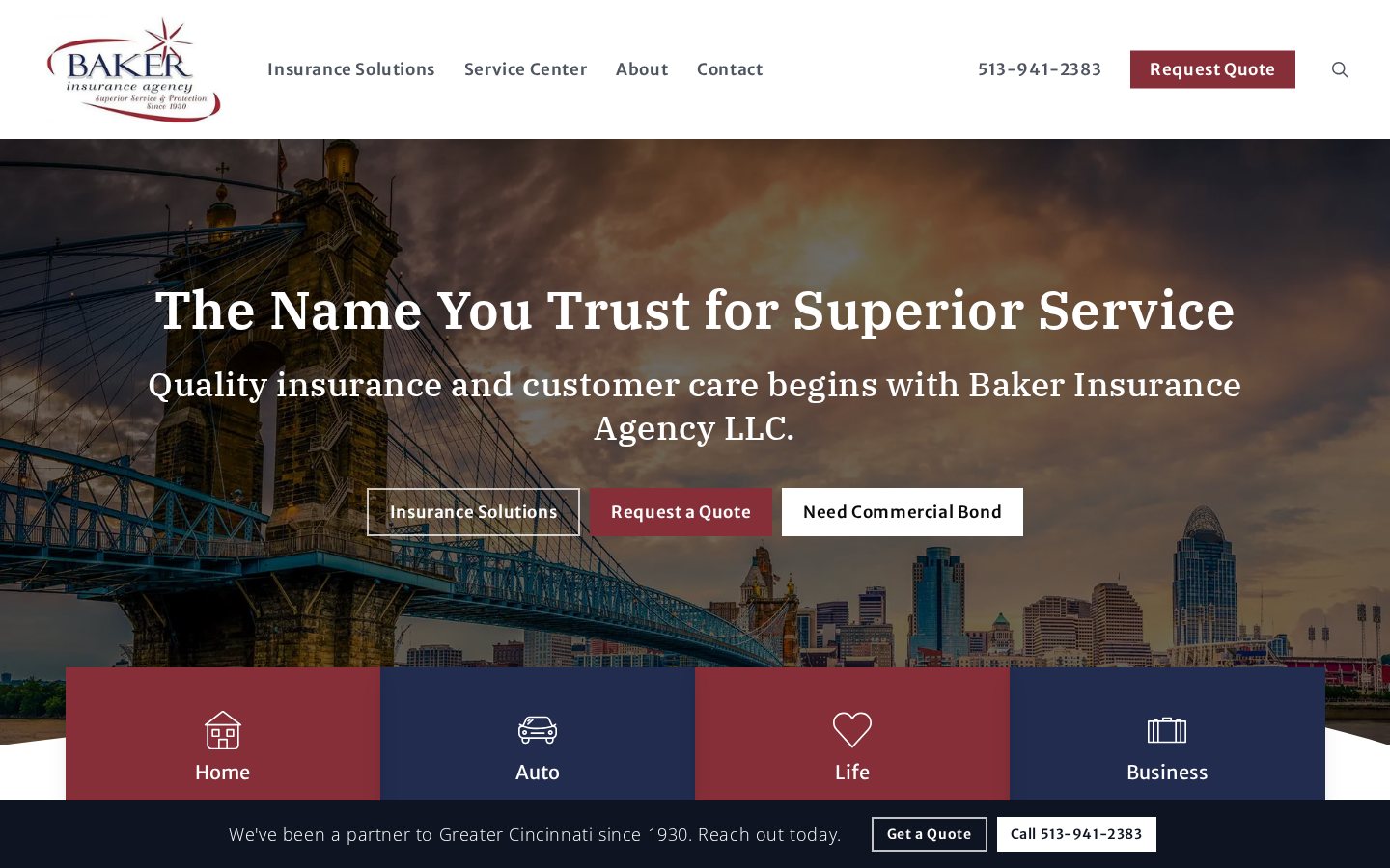 Baker Insurance Agency website homepage, Cincinnati, OH