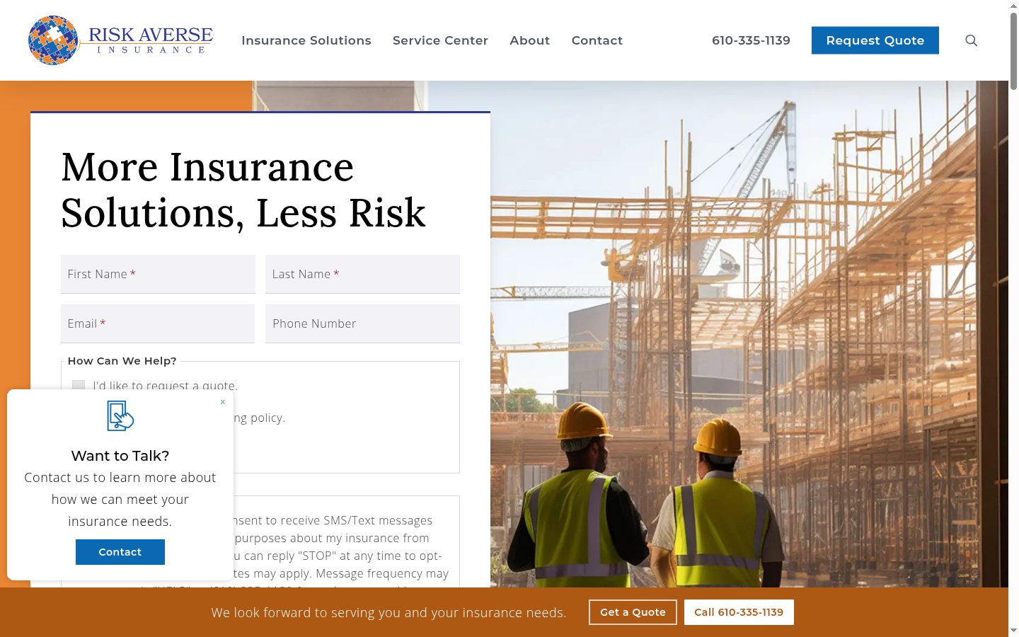 Risk Averse Insurance website homepage, Media, PA