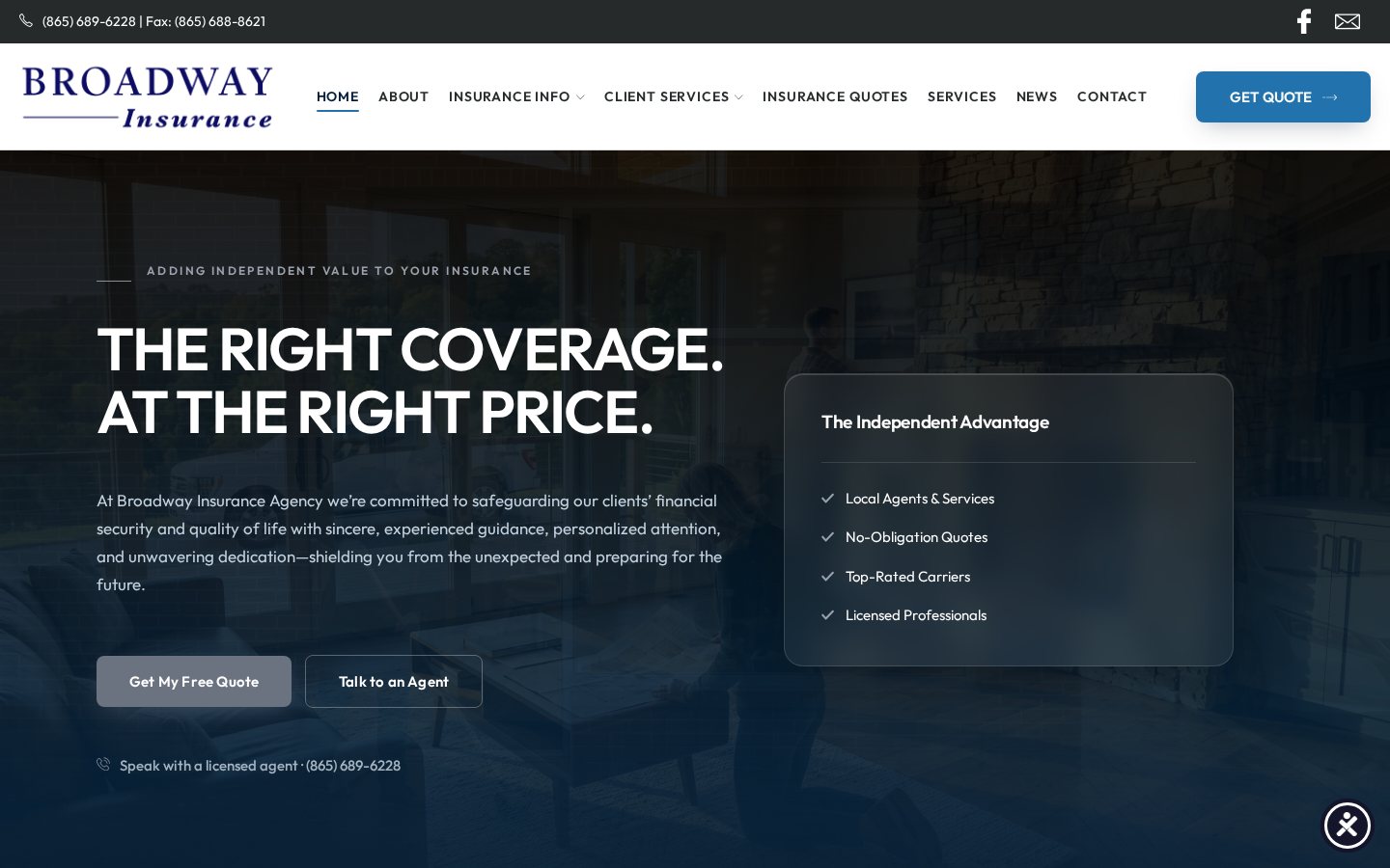 Broadway Insurance website homepage, Knoxville, TN