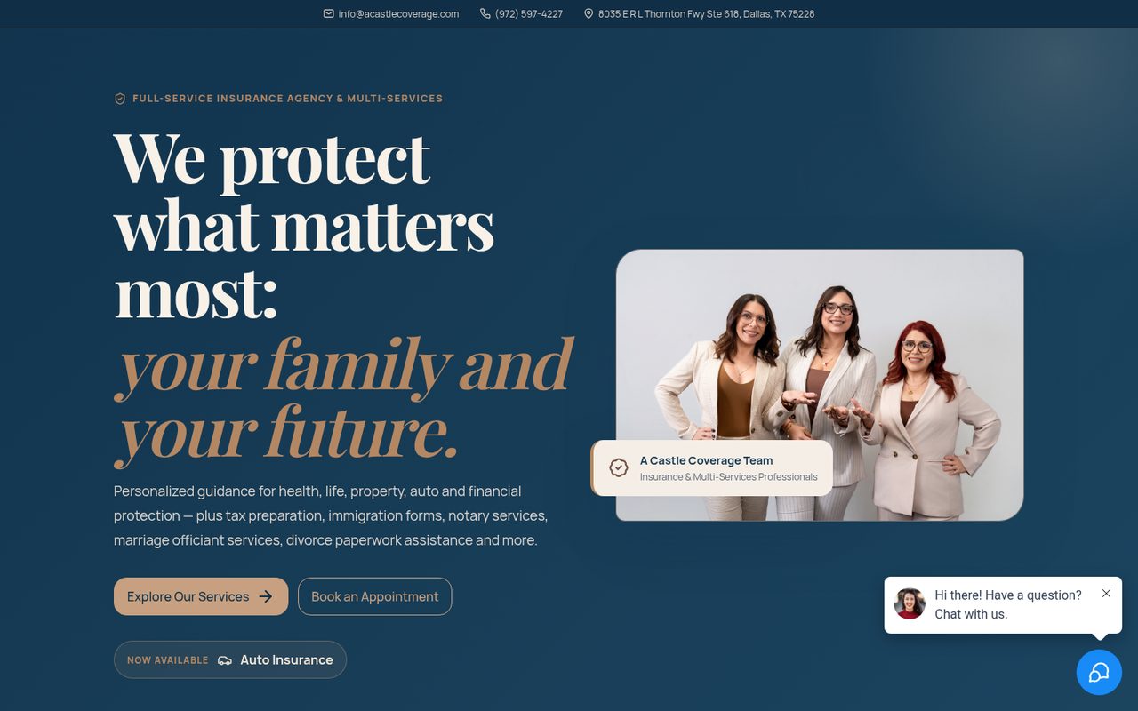 A Castle Coverage LLC website homepage, Dallas, TX