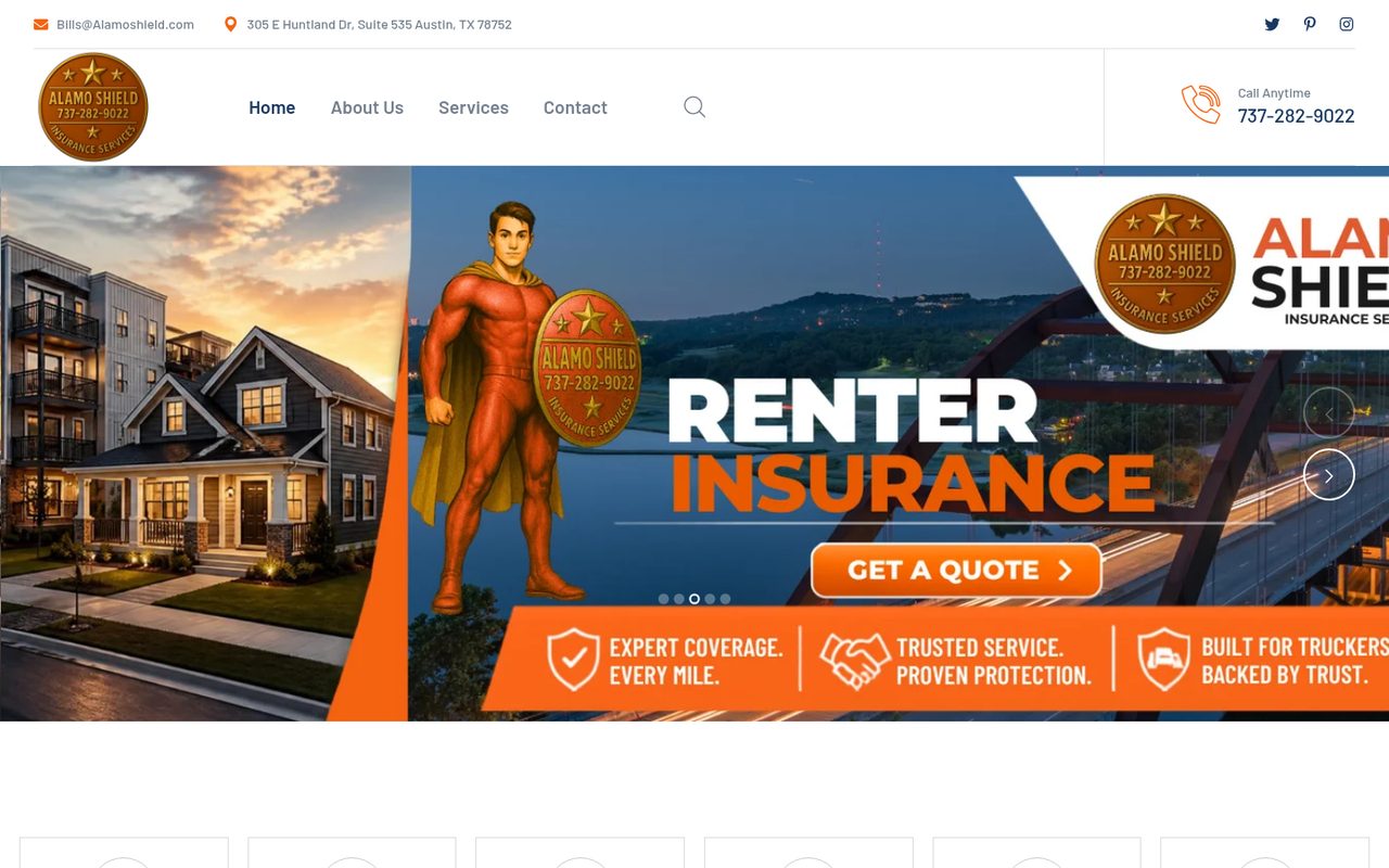 Alamo Shield Insurance Services website homepage, Austin, TX