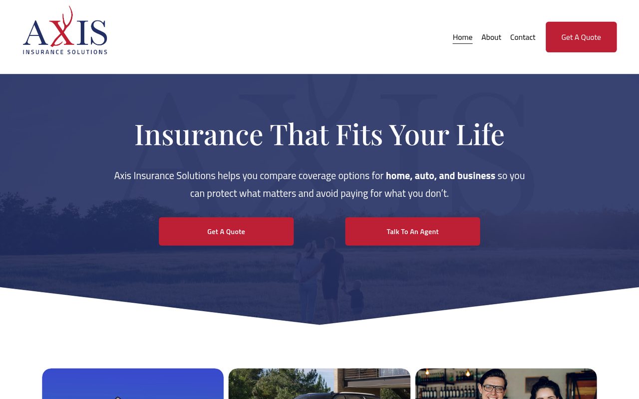 Axis Insurance Solutions website homepage, Austin, TX
