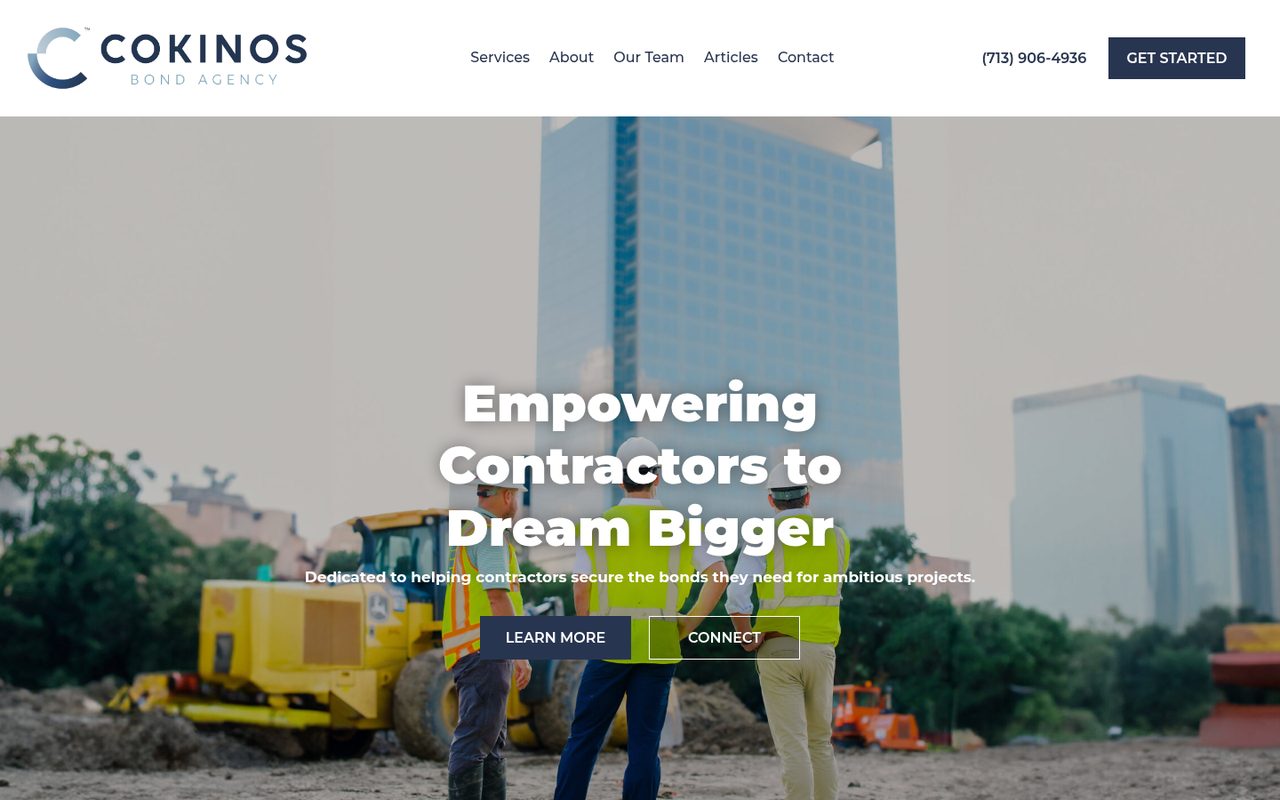 Cokinos Bond Agency website homepage, Houston, TX
