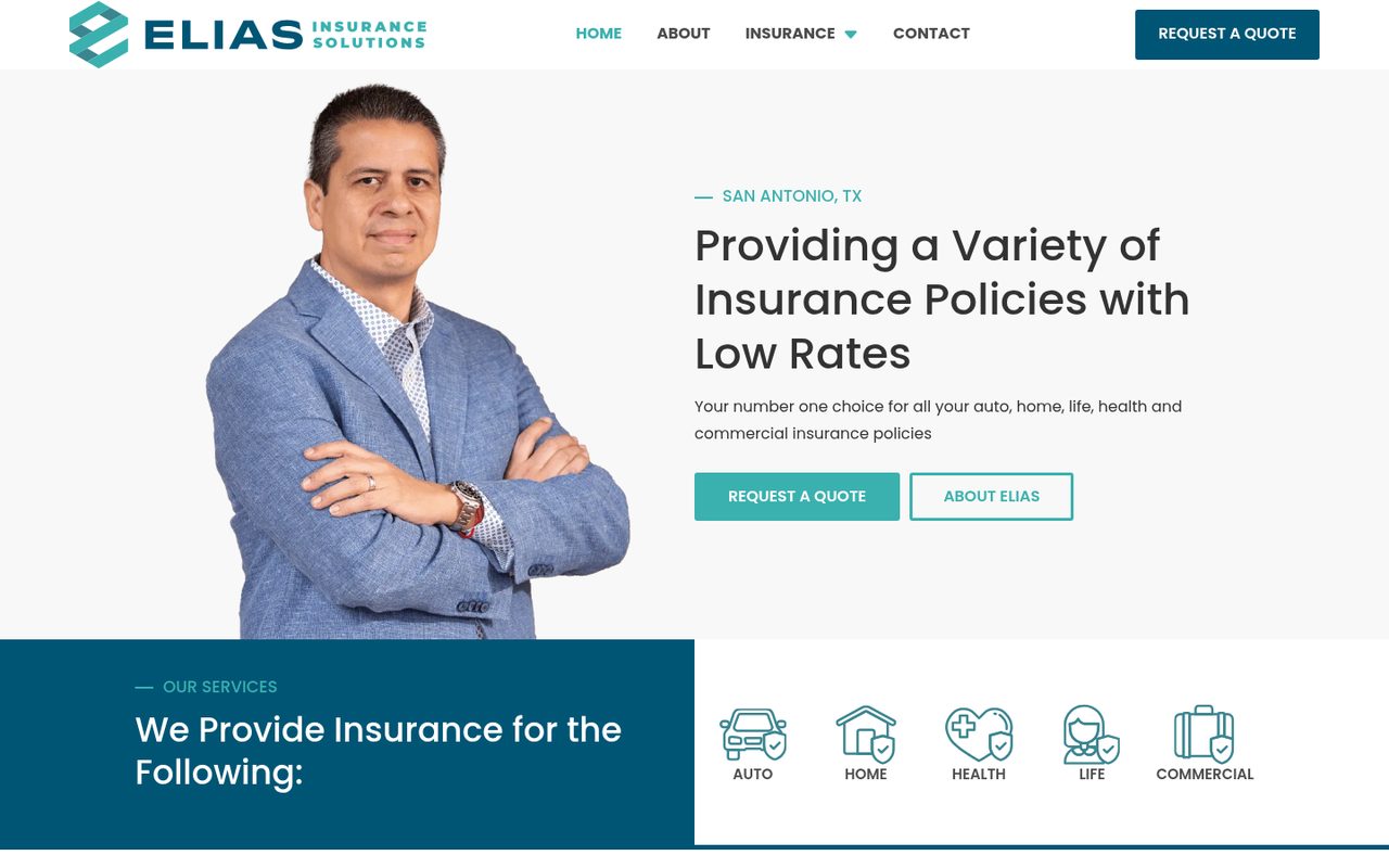 Elias Insurance Solutions website homepage, San Antonio, TX