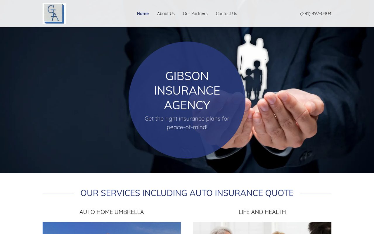 Gibson Insurance Agency website homepage, Houston, TX