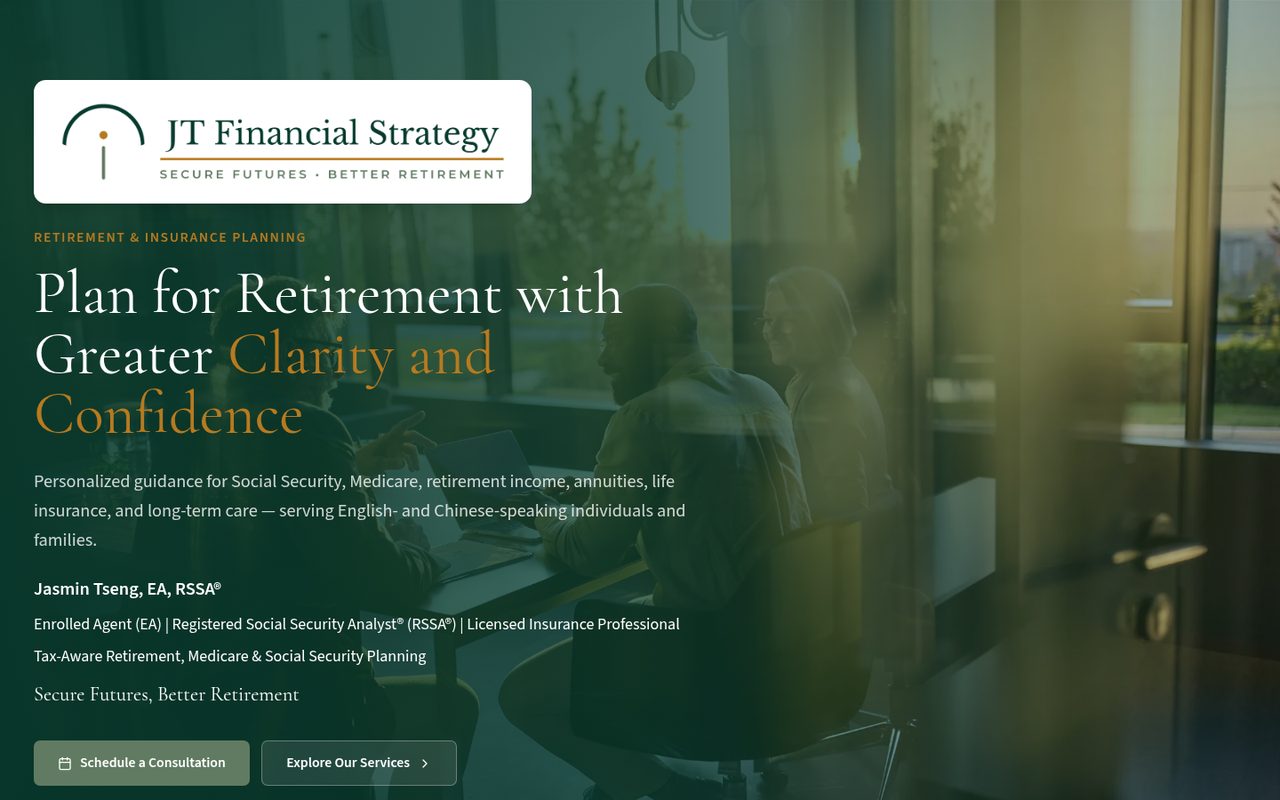 JT Financial Strategy Services website homepage, Houston, TX